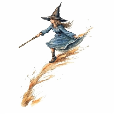 watercolor style, Witch on the broomstick: A long, slender broomstick associated with witches and their transportation. clipart, isolated on white background, 4K