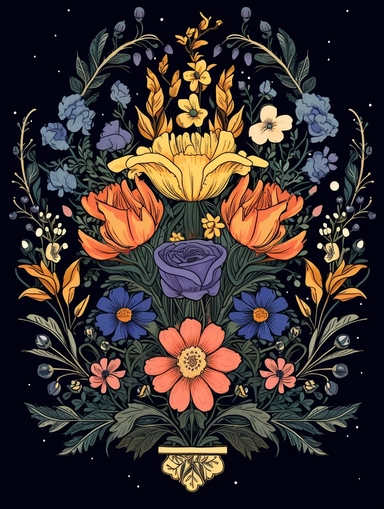 witchy style wildflowers botanical clipart, symmetrical design, decorative motif, folklore