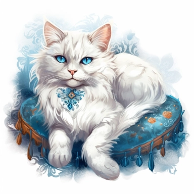 make a clipart of beautiful fairytale fluffy white victorian cat laying on a pillow with bright blue colors
