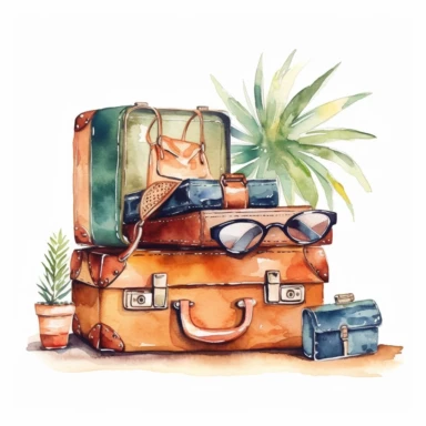 watercolor clipart simple plain luggage summer trip, white background