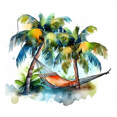 watercolor colorful clipart of a lazy hammock between palm trees, hd, on white background