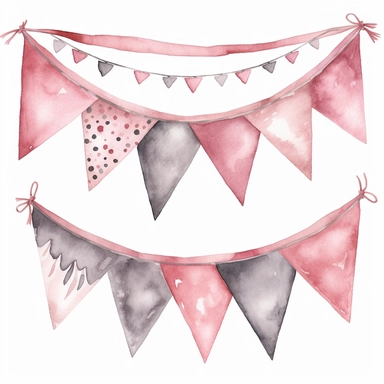 Watercolor bunting tag clipart set.Valentine's day,romantic wedding.Pink, gray and beige garland flag in vintage style,Birthday Party,bridal, wedding pennant