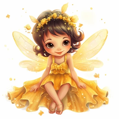 a picture of a cute, glittery fairy in a beautiful, sparkly yellow dress with wings sitting and happy knowing her friends love her for clipart on a white background