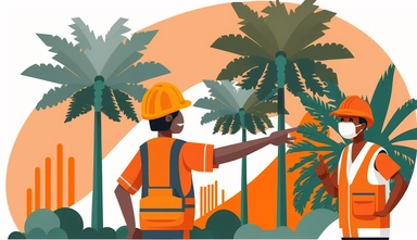a supervisor pointing his finger to an indonesian palm oil plantation worker with construction hard hat and orange safety vest in a plantation , 2d clipart low detailed illustration, white background, miminalist, flat modern illustration