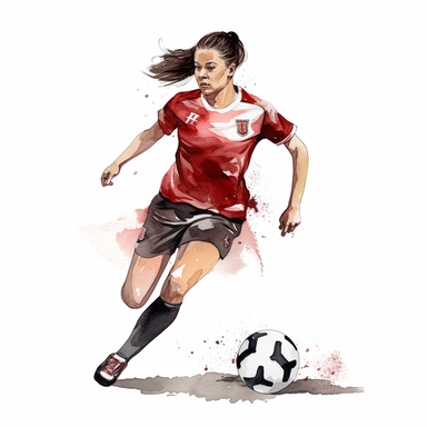Watercolour of a female footballer , Clipart,Cartoon,hyper realistic, intricate detail isolated on a white background, high quality, sublimation, detailed, cartoon style
