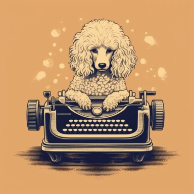 simple clipart of poodle typing on an old typewriter, make the image so it is oval, like an icon type image, with the words nearby snipoodle in big letters