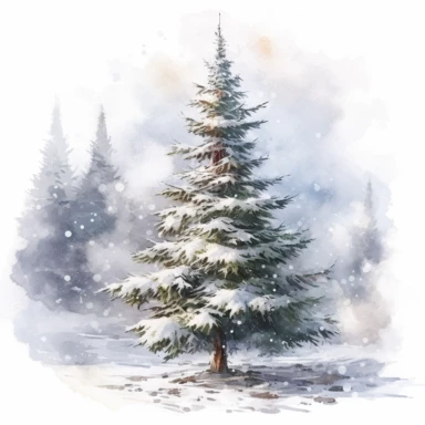 watercolor clipart of one of the best christmas trees in the world, in the style of rodenstock imagon 300mm f/5.8, photorealistic landscapes, soft light, digitally enhanced, icepunk, uhd image, illuminated landscapes