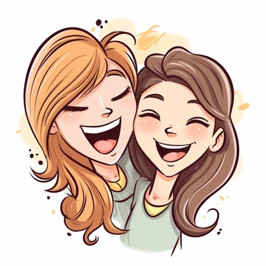 A playful icon to represent two female friends happy entrepreneur mothers rendered in white background charming hand drawn doodle style, colors pastel, brown hair, smiling. stecker, clipart