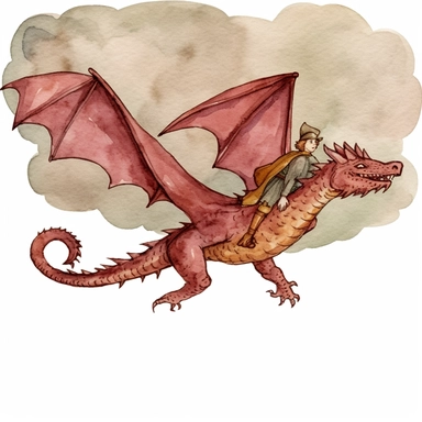 brownish reddish medieval dragon flying alone in the air above peasants who are running in fear watercolor clipart no fonts no words no letters
