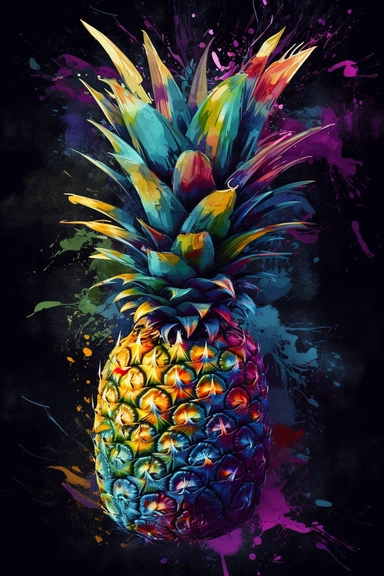 pineapple, clipart artwork print, a visually striking fusion of saturated colors like lime green, dazzling purple, and bold teal on a black canvas, chaotic elements blending seamlessly into an unexpectedly coherent design, showcasing the beauty of controlled chaos in wearable art