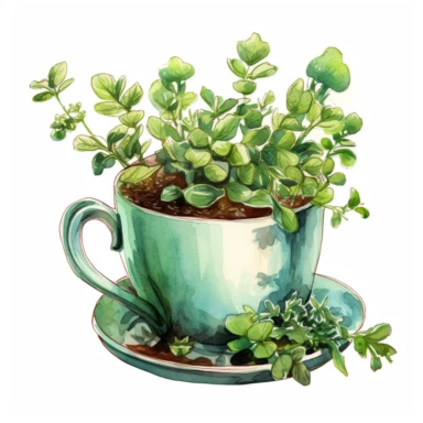 a cup of tea jade colored herbs hot watercolor clipart highly detailed