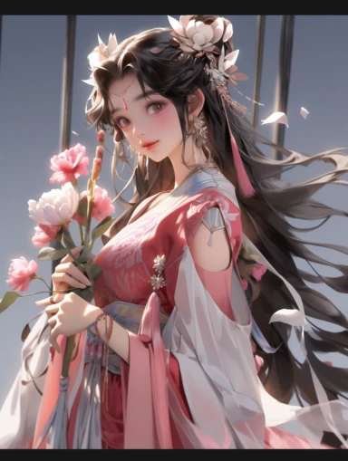 d artist, 3d model, The girl with the flowers,whole-length,epic ink - curved shot,in the style of realistic and hyper-detailed renderings,1girl, solo, looking up, sideways, delicate face,art by Mianlang,watercolor painting,exquisite decorations,upper body, clothes flying, hair flying, petals flying, black hair, dress, hair accessories, Hanfu, pink dress, long hair, long sleeves, flowers, jewelry, tassels, strapless , sleeves, wide sleeves, Hanfu, red eyes, red lips, flowers, hair clips, hair ban