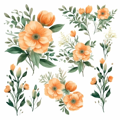 watercolor flowers peach colored, deep emerald green leaves flourish, burnt orange flowers, gathered all together as a set that could lay flat across something in clipart
