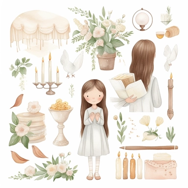First communion illustrations clip art set, watercolor, white background, simple, soft colors, cartoon elements girl, boy, holy cross, white doves, tulips, peonies, eucalyptus branches, wooden rosary beads, powder pink flowers, girl on the day of her first communion with white balloons on a wooden bench