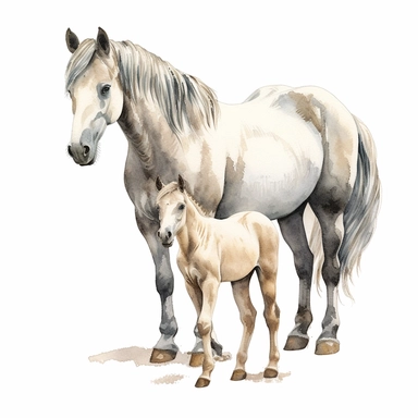 andalusian horse and foal watercolour painting realistic yet stylized, digitally enhanced, clipart, 32k uhd, detailed crosshatching white background