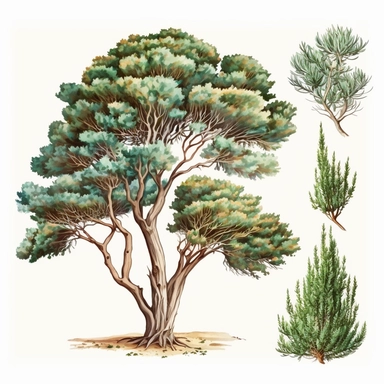 Beautiful ARIZONA CYPRESS tree, vintage tones, on a white background, watercolor, hyperrealism, high detail, separate elements, set, clipart