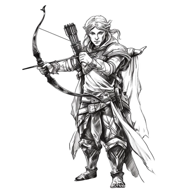 fantasy elf holding bow, clip art, black and white, on a white background