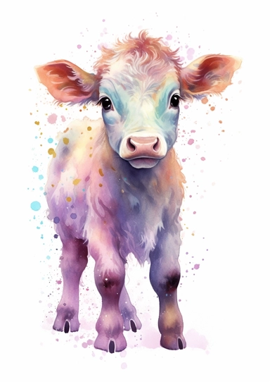 watercolor clipart, a cute baby cow, full body, Pastel, luminous, glowy, illustration, simple, pencil drawn, vivid colors, by amy sol and magali villeneuve and susan bourdet and ross tran, intricate, illustration, 8k, png, isolated on white background