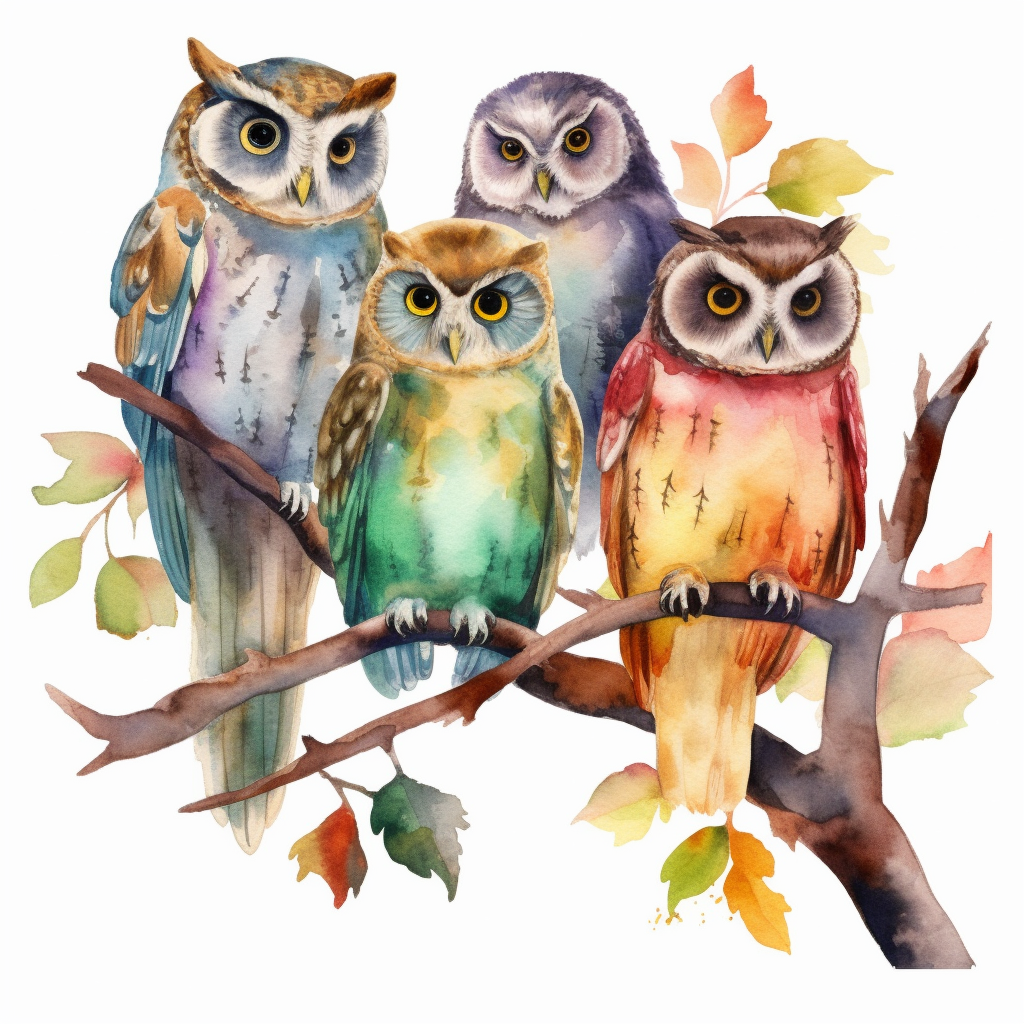 watercolor multiple owls on a tree branch, clipart - Clip Art Library