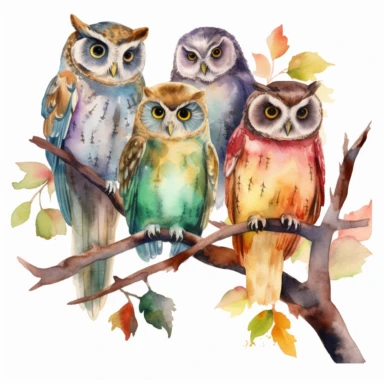 watercolor multiple owls on a tree branch, clipart