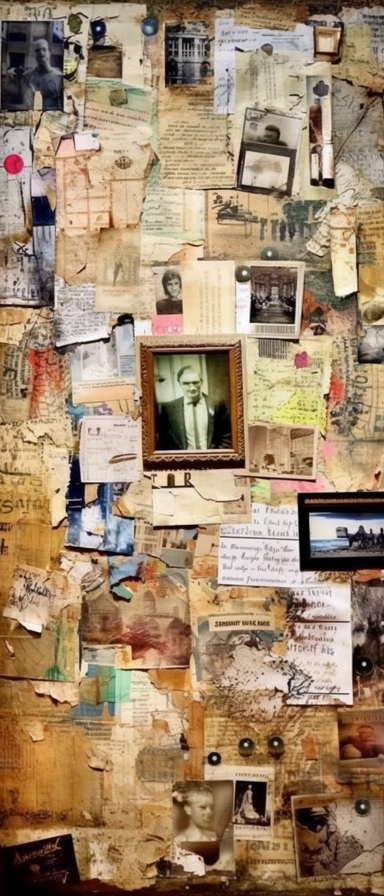 color photo of an Investigation Board full of old and new pictures and notes, close-up of one corner, unorganized, chaotic, messy, cluttered, overwhelming, textured, intricate, complex, detailed, with torn edges, faded colors, scribbles, post-its, lines, arrows, dates, labels, names, faces, maps, charts, graphs, and newspaper clippings — night, dimly lit, with a single lamp casting shadows and highlights on the board — camera settings: Canon EOS 5D Mark IV, Kodak Portra 800 35mm film, Canon EF 5