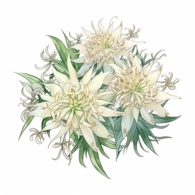 Edelweiss Bouquet Beautiful Realistic Creative. Emotional. Detailed, cartoon clipart watercolor. Artistic Creative Clipart. Isolated white background. Charming