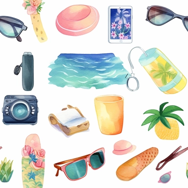 clipart summer vacation gadgets - create 30 gadgets soft watercolor - watercolor gradient - neon colors - high resolution - enough distance between each gadget - high details - hawaii summer humanized gadgets summer pool party - Hula dancer solar-powered pool light Distance Surfboard-shaped floating snack tray Distance Tropical flower-shaped pool float Hawaiian shirt patterned beach towel Distance Flip flop-shaped bottle opener Distance Hibiscus flower-shaped pool noodle Aloha print waterproof p