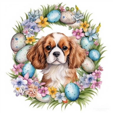 create a beautiful original high quality highly detailed watercolor clipart image of a small and adorable king charles cavalier puppy smiling with the puppys head sticking out of the middle of a beautiful Easter wreath made out of easter eggs and wildflowers and lilys, include high detail to the puppys fur, include great detail to the wreath, include pastel colors, white background, no text, no font, no words