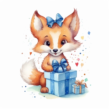 A Cute fox holding birthday present, disney style, clip art, handpaint, watercolor art style, white background