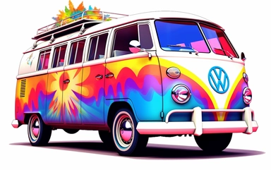 clip art of a VW bus decorated 60's style in synthwave style colourfull multicolour ultra details white background