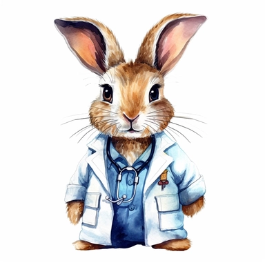 watercolor clipart, cute bunny, wearing a stethoscope and a white coat, working as a veterinarian, watercolor style, realistic, bright colors, 300 dpi, 8k, white and clear background, high solution