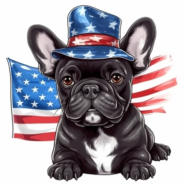 sticker, white background, black pround french bulldog with blue eyes, in style Independence Day in usa, hat with an american flag, clipart
