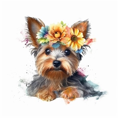 watercolor pencil Floral Baby yorkshire terrier dog Clipart, a single cute Floral Baby yorkshire terrier dog,floral on head, bright, white background, dreamy, Studio Ghibli,no shadows, true colors,Free-cut on an all-white background, no shadows, no typography