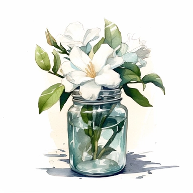 a bunch of gardenia in a glass jar no water mark, water colour clipart