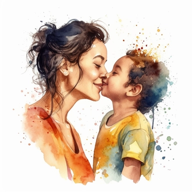 imagine watercolor, latina mother, happy, kissing child on forehead, clipart hd, profile shot, dreamy, on white background, portrait, spaced out