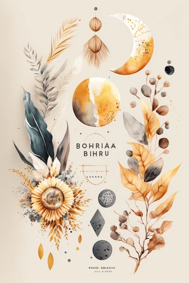minimalist boho Clipart, Abstract Boho Clipart, Modern Boho, Abstract Shapes, Bohemian, Boho Shapes, sun, moon, trending on artstation, super detailed, HQ, 8k hyper realistic watercolor