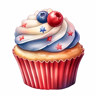 4th of July Patriotic Clip art of 4th of july patriotic cupcake, red, white & blue Full body realistic cartoon in 32K UHD cute, 8k with realistic watercolors and detailed illustrations. PNG clipart, Sublimation graphics, transparent white background for removing background - - no text shadow font watermark