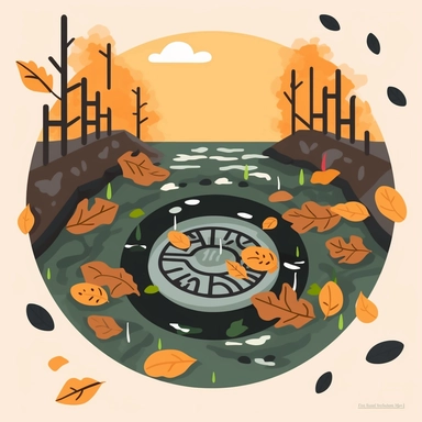 clipart of a stormwater sewer grate with trash debris around it, simple, flat, remove the leaves and replace them with garbage debris