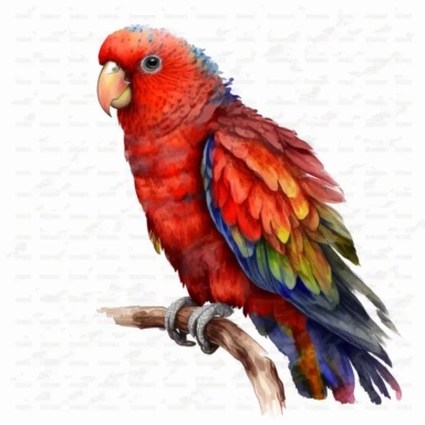 boho little red-plumed talking red lory, very detailed and realistic, watercolor, portrait , white background with margins, clipart style,