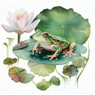 watercolor frog on Lilly pad clipart on white background