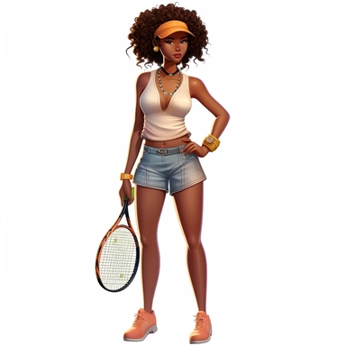 full body clipart dark skinned black woman tank top and blue jean shorts big curly shiny afro with head band gold earrings handson her hips tennis outfit with tennis racket