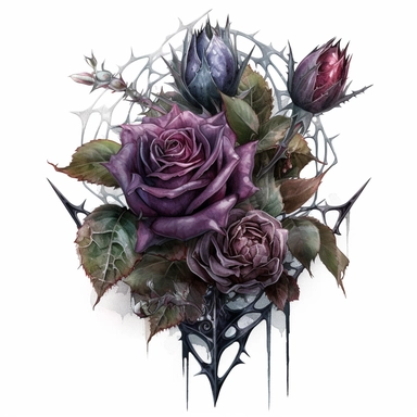 Idyllic watercolor and ink clipart of dark gothic dark moody dark moody burgundy, black and purple rose flowers with poison thorns on an ornate gothic black dagger covered in gothic spider webs, isolated on a white background, dark moody colors, highly detailed, ultra-realistic