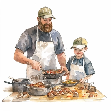 A father and son cooking together in the kitchen, wearing chef hats and aprons, Watercolor, Clipart, detailed, high resolution, transparent background PNG