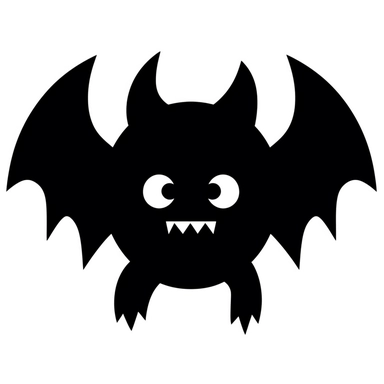 black and white silhouette of a friendly halloween bat icon, clipart style, white background, thick lines, vector, simple design, flat colour, solid colour