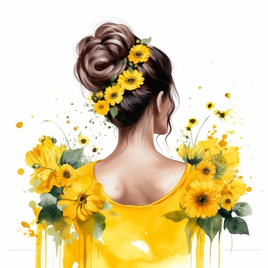 watercolor A woman's face, full body, back view Buttercups: These bright yellow flowers are a favorite among children and are often used to represent happiness and sunshine. with flowers and leaves adorning her hair. hair up with flowers vividly bold designs png Full body realistic cartoon in 32K UHD cute. 15 cm thick outline. Black color. There was no shadow on the ground. 8k with realistic watercolors. and detailed illustrations. PNG clipart, transparent white background