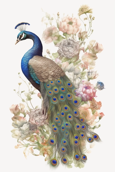 a peacock displaing in the style of James Christensen, summer flowers ,clipart, watercolor style, fantasy, ultra detailed, white plain background, single object, print on demand image, PNG transparent background, white background for removing background, 8k