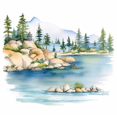 Lake Tahoe on a beautiful summer day, coastal clipart, watercolor Illustration, Sublimation graphics, by Beatrix Potter, Watercolor clipart, single design, print on demand image, PNG transparent,clear background, watercolor styles white background for removing background - - no text shadow font watermark