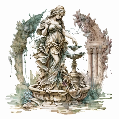 watercolor, clipart, ornate and flowing, marble statue, greek mythology, rococo elements, immortality fountain, palace background, statue of athena, victorian setting, elegant and ornate, statue is a fountain, victorian era masterwork, featuring marble fountains, magnificent design, ornate and elegant, baroque element