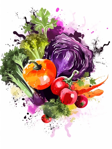 vibrant vegetable bouquet with broccoli, carrots,tomatoes, onions, watercolor hand-painted, lots of color with really soft blends and bleeding from one color to the next with a transparent finish, clipart on white background