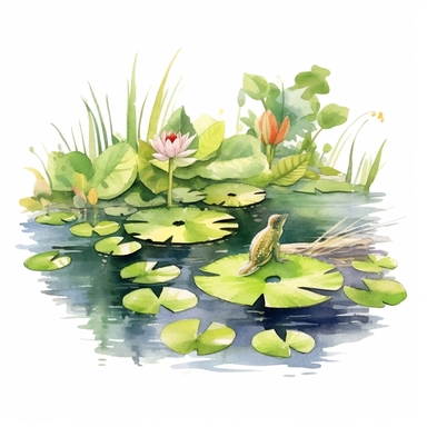 Watercolor Lily Pond Clipart, lily pad and frog pond, CLIPART, fish and birds
